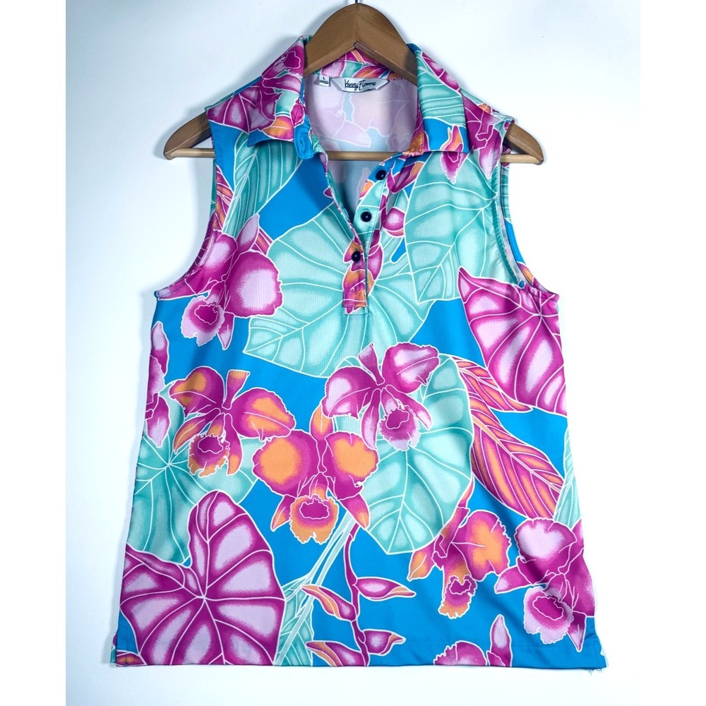 Kenny Flowers Polo Top Womens Large Blue Pink Tropical‎ Floral Sleeveless Golf